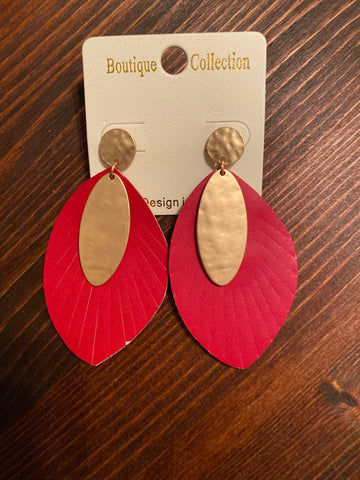Red with Matte Gold Leather Earrings